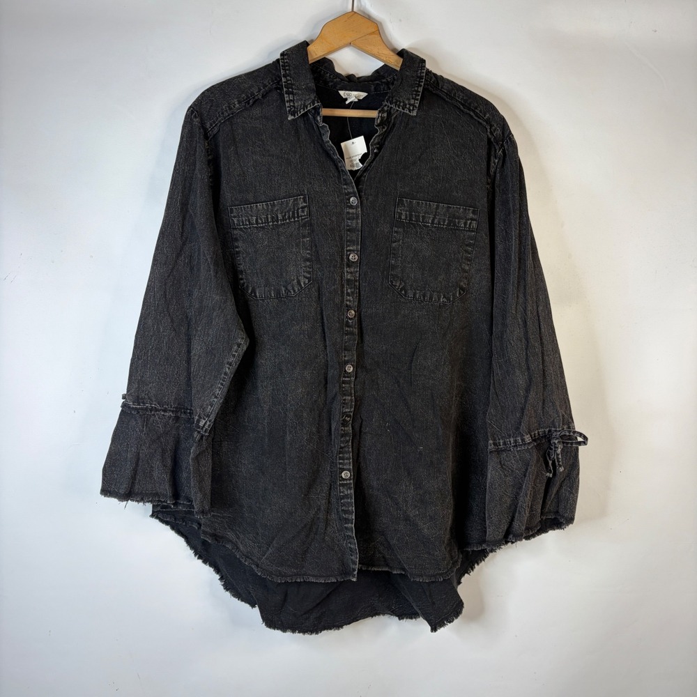 Cato Denim Shirt Women 18/20W Black Frayed Hem Tie Cuff Long Sleeve Button Down
